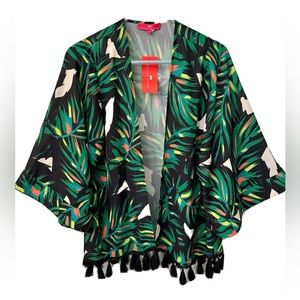 NEW Elaine Turner Womens Size Small Tropical Palm Open Front Kimono Sleeve Top